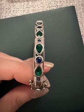 Silver Tone Bangle Bracelet with Green & Blue Stones – Unique Statement Piece